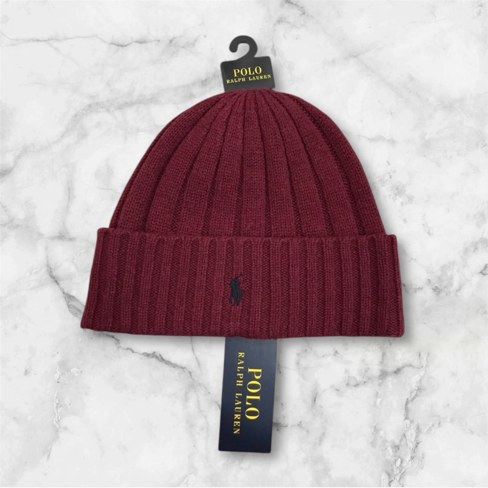 Polo Ralph Lauren Burgundy Wool Blend Ribbed Cuff Knit Beanie Hat RL Pony NWT